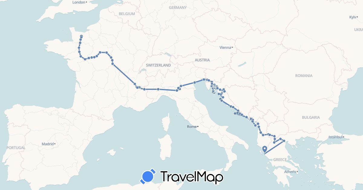 TravelMap itinerary: driving, cycling in Albania, France, Greece, Croatia, Italy, Montenegro, Macedonia, Slovenia (Europe)